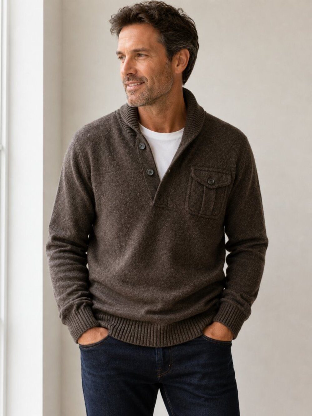 J.Crew Medium Men's Brown 100% Lambswool Mock Neck Sweater with Chest Pocket